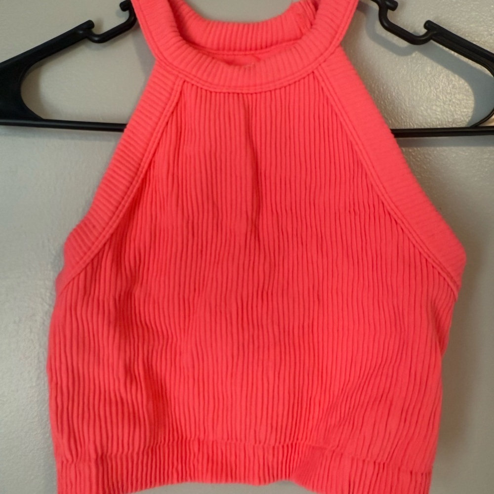 Aerie Coral Ribbed Halter Crop Top